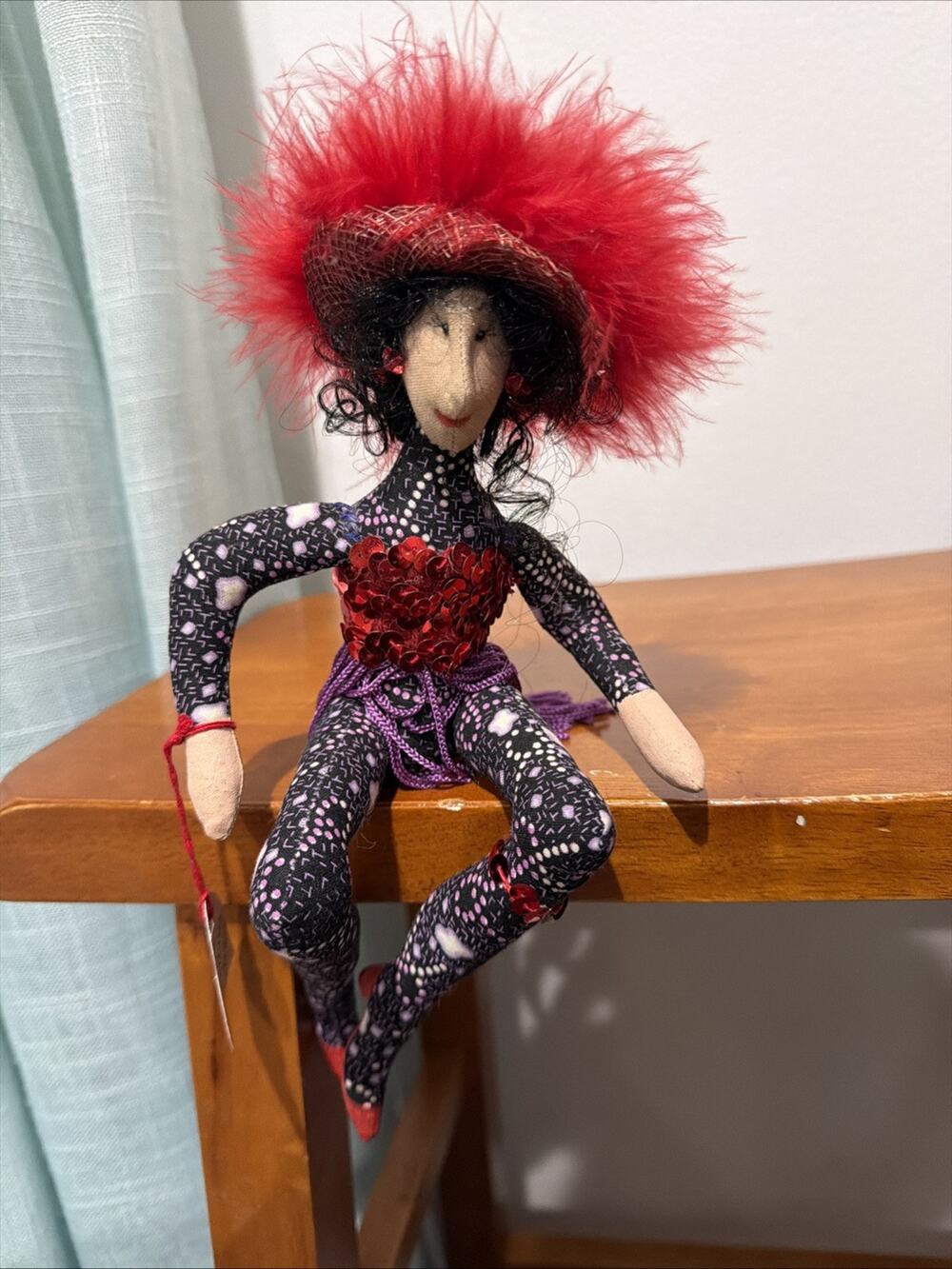Whimsical Handmade Fabric Shelf-Sitter Doll With Red Feather Hat Signature JA